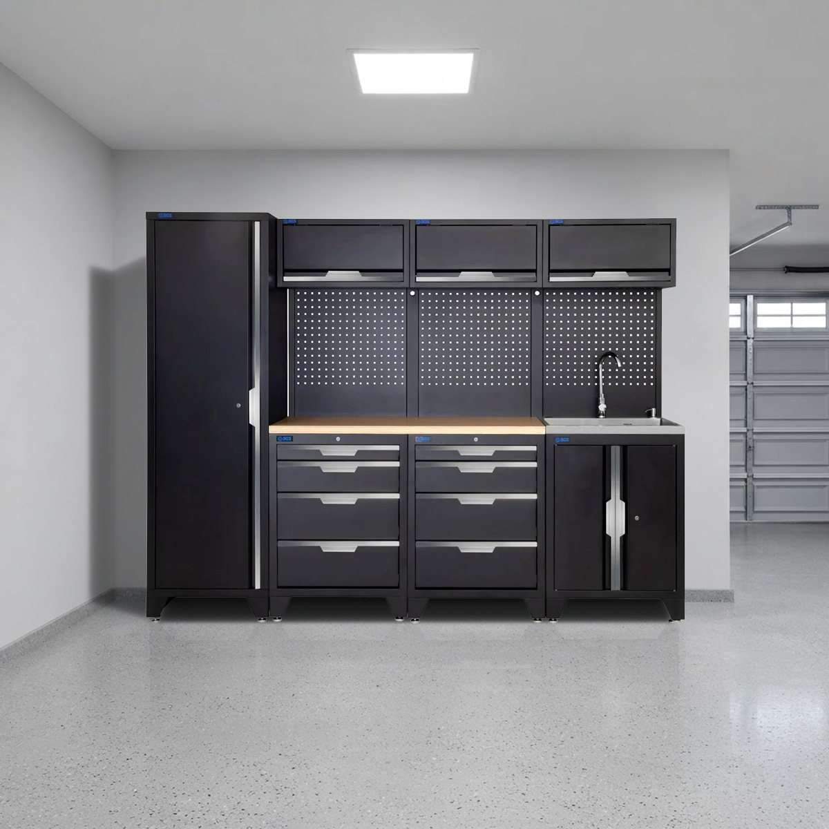 SGS 10pc Modular Garage Storage | 8 Drawers | Plywood Worktop | Tall Single Cabinet | Sink Unit | 3x Upper Cabinets